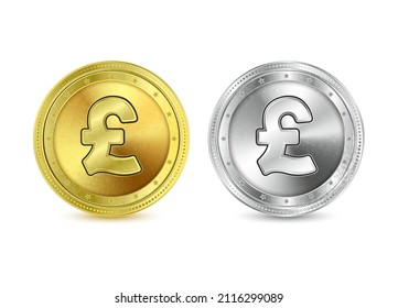 Pound gold coin currency. Icon of the currency gold and silver coin set isolated on a white background. Realistic 3D Vector illustration.