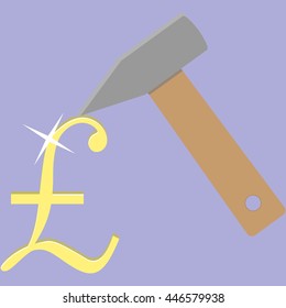 Pound gold. Make money. Doing financial golden with hammer tool. Vector illustration