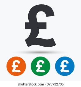 Pound icon. GBP currency symbol. Money label. Flat signs in circles. Round buttons for web. Vector