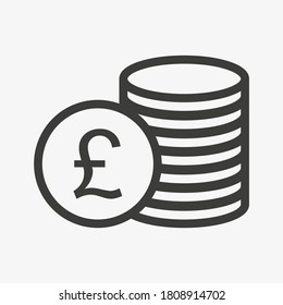 Pound icon. Money outline vector illustration. Pile of coins icon isolated on white background. Stacked cash. British currency symbol.