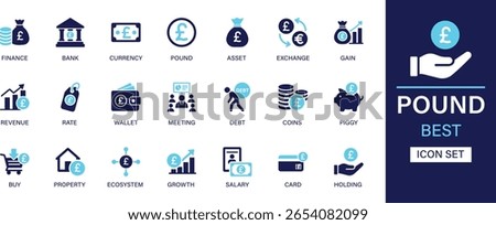 Pound icon set collection. Finance, bank, currency, asset, exchange, gain, revenue, rate, wallet, meeting, coins, piggy and best solid icon set.