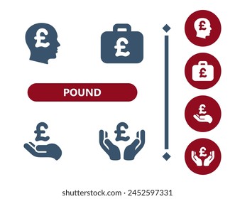 Pound icons. Head, thinking, wealth, briefcase, suitcase, hands, Pound symbol icon. Professional, 32x32 pixel perfect vector icon.