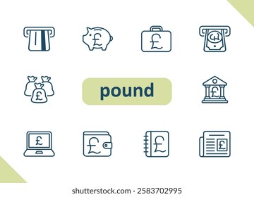 Pound icons. Money, currency, pound sterling, cash, payment, investment, savings vector icon set
