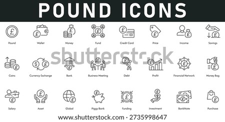 Pound Icons vector illustration with thin line editable stroke containing banknote investment assets salary financial network profit debt currency exchange coins saving price income fund