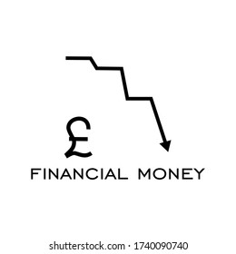 pound impairment logo. The money symbol with the down arrow. Vector illustrations can be used for financial losses or reducing lost business crisis. debt, recession, money graph.