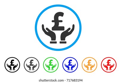 Pound Insurance Hands rounded icon. Style is a flat pound insurance hands grey symbol inside light blue circle with black, gray, green, blue, red, orange variants.