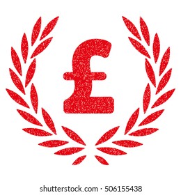 Pound Laurel Wreath grainy textured icon for overlay watermark stamps. Flat symbol with dust texture. Dotted vector red ink rubber seal stamp with grunge design on a white background.