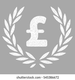 Pound Laurel Wreath grainy textured icon for overlay watermark stamps. Flat symbol with unclean texture. Dotted vector white ink rubber seal stamp with grunge design on a silver background.