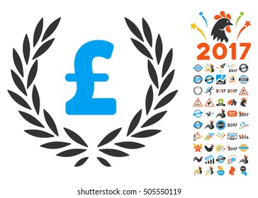 Pound Laurel Wreath icon with bonus 2017 new year icon set. Vector illustration style is flat iconic symbols,modern colors.