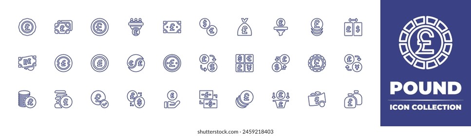 Icono de línea de libra colección. Trazo editable. Ilustración vectorial. Conteniendo dinero, pago, libra esterlina, libra, moneda, yin yang, cambio, conversión, bolsa de dinero, línea de ventas.