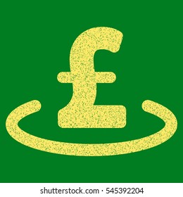 Pound Location grainy textured icon for overlay watermark stamps. Flat symbol with dirty texture. Dotted vector yellow ink rubber seal stamp with grunge design on a green background.
