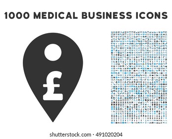 Pound Map Marker icon with 1000 medical business gray and blue vector pictograms. Set style is flat bicolor symbols, white background.