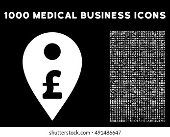 Pound Map Marker icon with 1000 medical business white vector pictographs. Design style is flat symbols, black background.