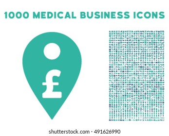 Pound Map Marker icon with 1000 medical commerce cobalt and cyan vector pictographs. Clipart style is flat bicolor symbols, white background.