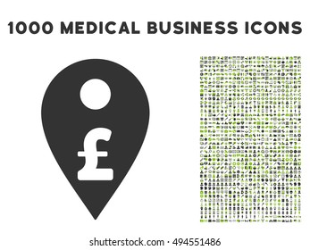 Pound Map Marker icon with 1000 medical commercial eco green and gray vector pictograms. Clipart style is flat bicolor symbols, white background.