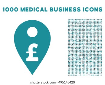 Pound Map Marker icon with 1000 medical commerce soft blue vector pictographs. Design style is flat bicolor symbols, white background.