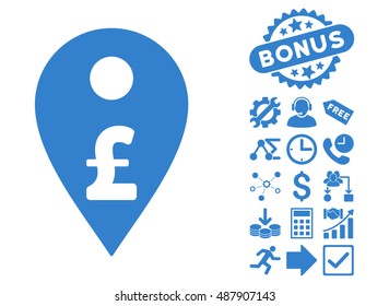Pound Map Marker pictograph with bonus clip art. Vector illustration style is flat iconic symbols, cobalt color, white background.
