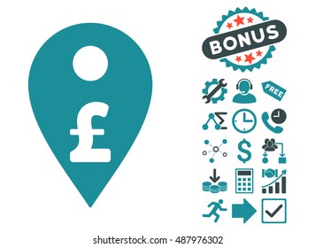 Pound Map Marker pictograph with bonus design elements. Vector illustration style is flat iconic bicolor symbols, soft blue colors, white background.