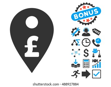 Pound Map Marker pictograph with bonus pictures. Vector illustration style is flat iconic bicolor symbols, blue and gray colors, white background.