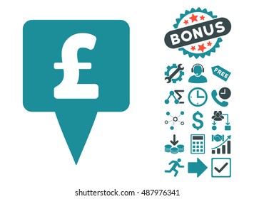 Pound Map Pointer pictograph with bonus symbols. Vector illustration style is flat iconic bicolor symbols, soft blue colors, white background.