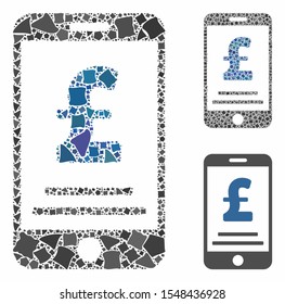Pound mobile payment composition of ragged items in different sizes and color tones, based on pound mobile payment icon. Vector bumpy elements are grouped into composition.