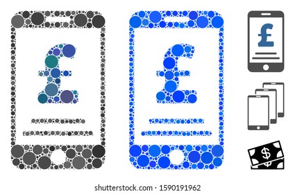 Pound mobile payment mosaic of circle elements in variable sizes and color tones, based on pound mobile payment icon. Vector circle elements are united into blue composition.