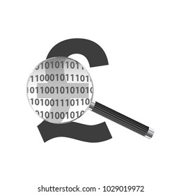 Pound monetary sign under magnifying glass showing binary crypto currency data