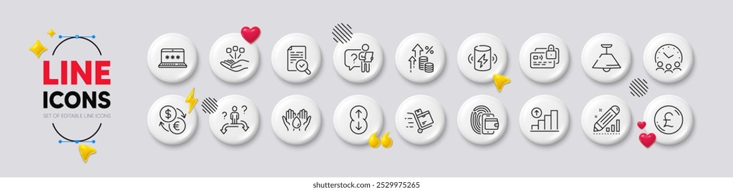 Pound money, Card and Inflation line icons. White buttons 3d icons. Pack of Inspect, Edit statistics, Scroll down icon. Meeting time, Currency exchange, Safe water pictogram. Vector