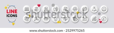 Pound money, Card and Inflation line icons. White buttons 3d icons. Pack of Inspect, Edit statistics, Scroll down icon. Meeting time, Currency exchange, Safe water pictogram. Vector