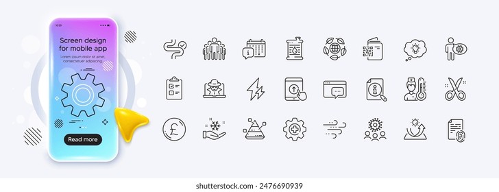 Iconos de la línea del dinero de la libra, del Cogwheel y de la Búsqueda para el App del Web. Pantalla de degradado de maqueta de teléfono. Pack de Clima de viento, Desliza hacia arriba, Iconos de pictogramas del calendario. Medicina, gráfico piramidal, señales de mensajes Seo. Vector