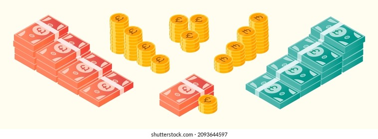 Juego de paquetes de dinero y monedas en libras