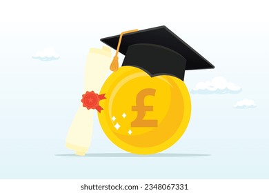 Pound money coin with mortarboard graduation cap and certificate, education cost, tuition or scholarship, money for university or graduation, school expense or student debt, college diploma (Vector)