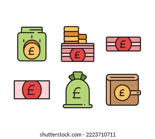 pound money saving jar, wallet, and banknote icons set vector illustration