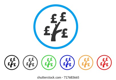 Pound Money Tree rounded icon. Style is a flat pound money tree grey symbol inside light blue circle with black, gray, green, blue, red, orange color versions.