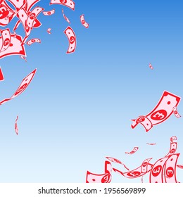  pound notes falling. Messy GBP bills on blue sky background. United Kingdom money. Authentic vector illustration. Nice jackpot, wealth or success concept.