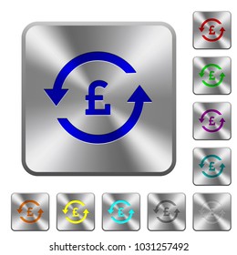 Pound pay back engraved icons on rounded square glossy steel buttons