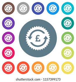 Pound pay back guarantee sticker flat white icons on round color backgrounds. 17 background color variations are included.