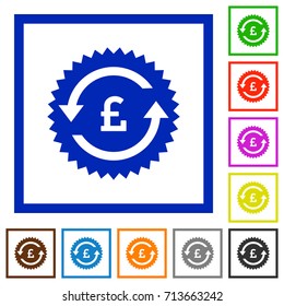 Pound pay back guarantee sticker flat color icons in square frames on white background