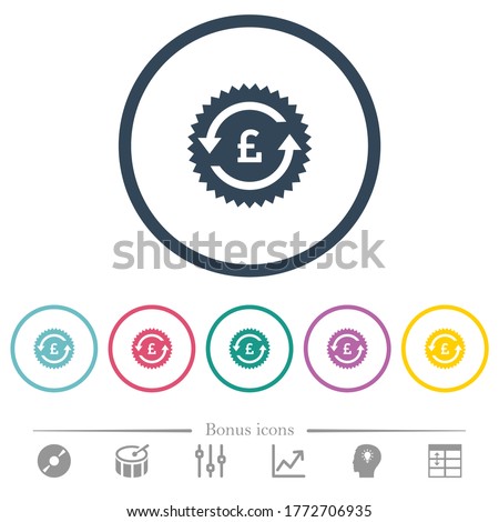 Pound pay back guarantee sticker flat color icons in round outlines. 6 bonus icons included.