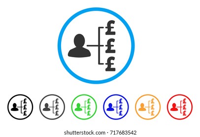 Pound Payer Relations rounded icon. Style is a flat pound payer relations gray symbol inside light blue circle with black, gray, green, blue, red, orange color versions.