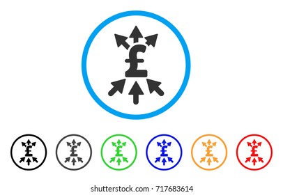 Pound Payment Broker rounded icon. Style is a flat pound payment broker gray symbol inside light blue circle with black, gray, green, blue, red, orange variants.