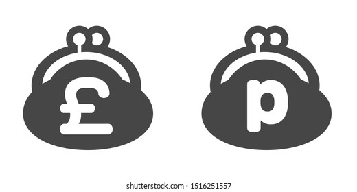 Pound, Penny and pence,  Black and white monotone Coin Purse on white background.  