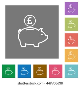 Pound piggy bank flat icon set on color square background.