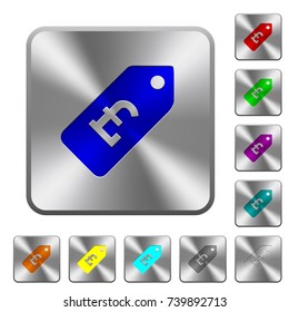 Pound price label engraved icons on rounded square glossy steel buttons