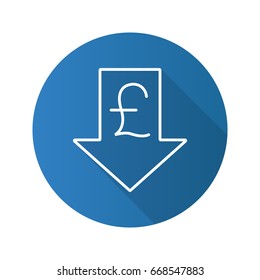 Pound rate falling flat linear long shadow icon. Great Britain pound with down arrow. Vector outline symbol