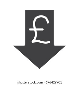 Pound rate falling glyph icon. Silhouette symbol. Great Britain pound with down arrow. Negative space. Vector isolated illustration