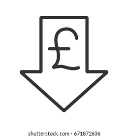 Pound rate falling linear icon. Thin line illustration. Great Britain pound with down arrow. Contour symbol. Vector isolated outline drawing