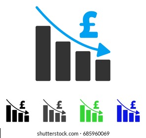 Pound Recession Bar Chart flat vector illustration. Colored pound recession bar chart gray, black, blue, green pictogram variants. Flat icon style for application design.