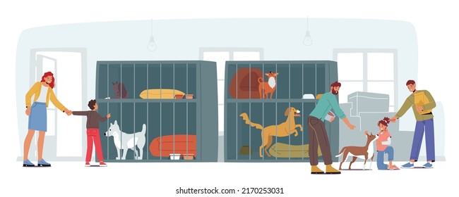 Pound, Rehabilitation or Adoption Center for Stray and Homeless Animals. Smiling Family Parents and Kids Adopting Pet from Shelter. People Stand at Cage with Dogs Cartoon Vector Illustration