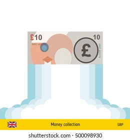 Pound rising as a rocket. Increase of pound on international financial markets. British pound banknote. 